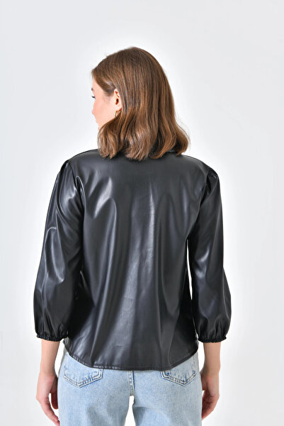 Lujiz Kadın Deri Gömlek Kol Ucu Lastikli Düğmeli Cepsiz Deri Gömlek Haki - 10059