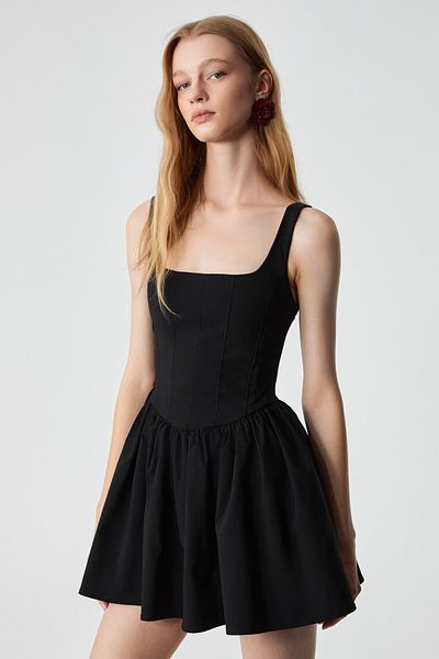 GRIMELANGE Doumbıan Women's Slim Zippered Body Hugging Pool Collar Short Black Dress