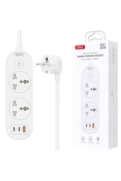 REDz Accessories XO-WL31 EU Extension Cord, 3 Sockets, 2 Type-C and USB Ports, 2500W, 1.5M Cable, White