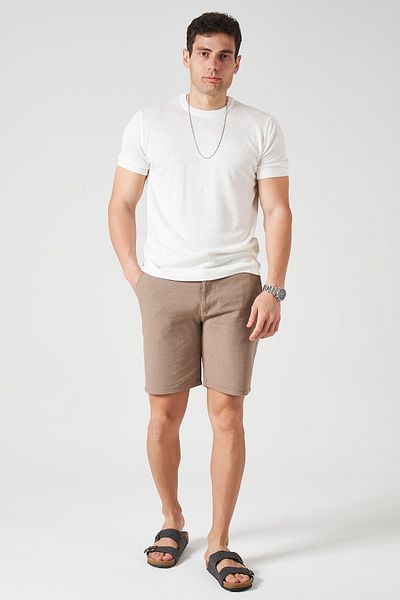TENA Men's 3-Light Brown Waist Half Elastic Cotton Slub Jogger Shorts
