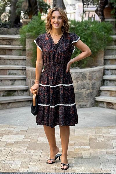 Nevin Kaya Moda Black Crispy Floral Cotton Dress
