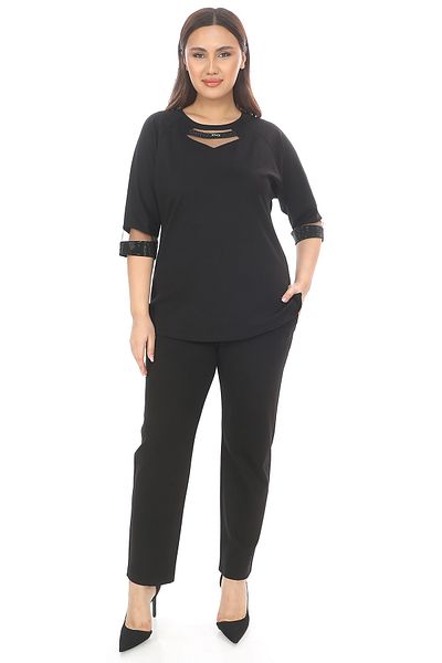 EXİTLİNE Women's Sleeve Black Pants Blouse Suit with Black Stones on the Sides