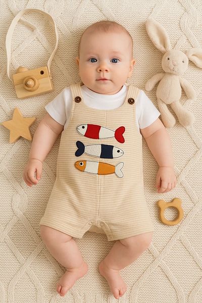Babydonat Short Sleeve Romper with Fish Embroidery for Baby Boy