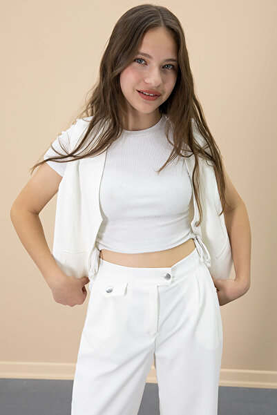 Cansın Mini Екрю костюм от две части с копчета, жилетка и широки панталони с V-образно деколте за момиче, 20725