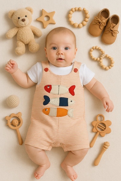 Babydonat Balık Nakışlı Kısa Kollu Erkek Bebek Tulumu