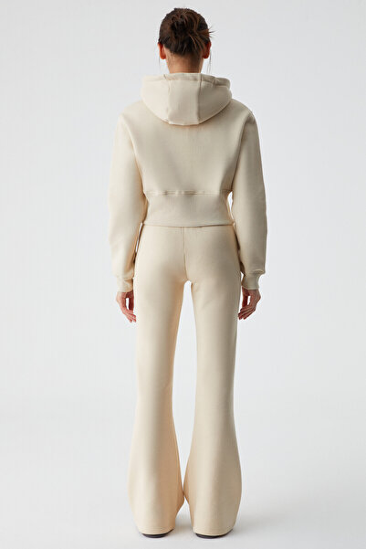 GRIMELANGE Iressine Women's Hooded Zip Long Sleeve Regular Stone Color Sweatshirt