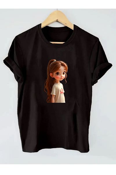 makiteks Εκτυπωμένο Γυναικείο Unisex Oversize Τ-shirt με Στρογγυλή Λαιμόκοψη Μπλούζα Μαύρη Cutegirl03