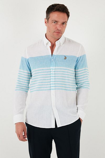 U.S. Polo Assn. ΒΑΣΗ. Πόλο ριγέ βαμβακερό και λινό μείγμα κανονικής εφαρμογής Ανδρικό πουκάμισο G081SZ0042105934
