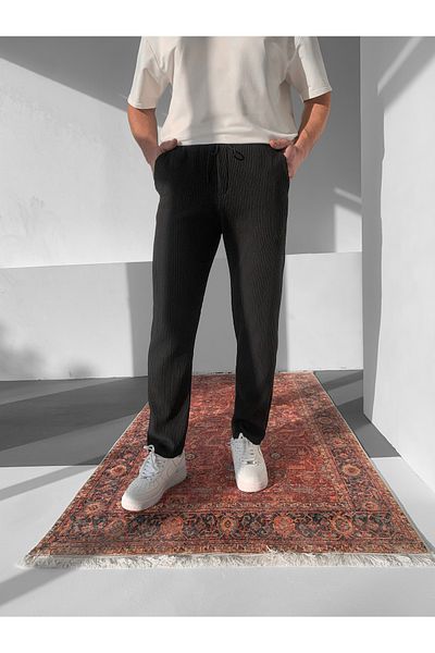 NO1 KONSEPT Men's Black Corded Comfortable Ottoman Fabric Trousers