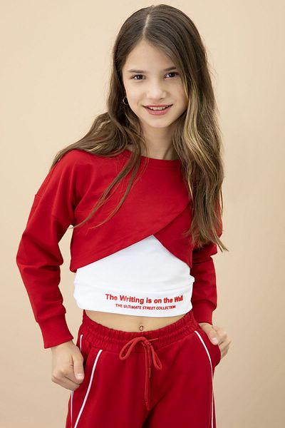 Cansın Mini Red Stripe Detailed Wide Leg Cropped Girl's 3-Piece Set 20704
