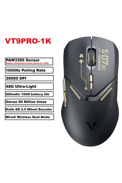 Choice ماوس الألعاب اللاسلكي Vt9pro Paw3398 من Rapoo باللون الأسود والذهبي Vt9pro 1k، 26000 نقطة في البوصة، 68 جرام، خفيف الوزن، سلكي