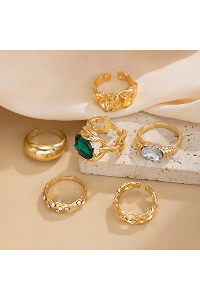 Takıtolia Lume - 6 Pieces Green Crystal Stone Retro Design Multiple Adjustable Gold Gold Ring Set
