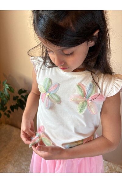 chacharon Girl's T-Shirt Flower Applique Lined Tulle Skirt Set
