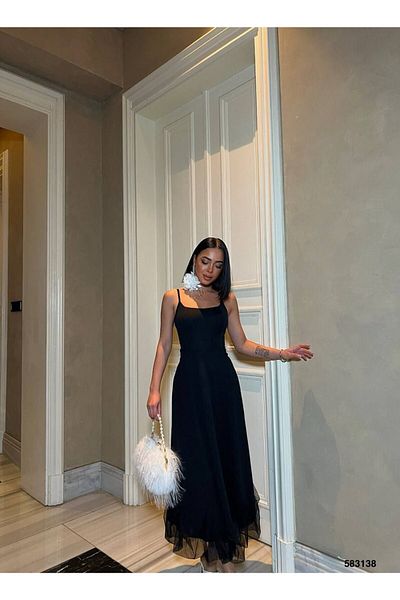 MADAMNİZ Black Dress with Straps and Tulle Hem Detail