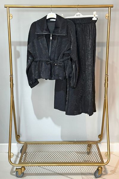 Nuss Short Jacket Skirt Suit 1039 Black with Waist Gathers