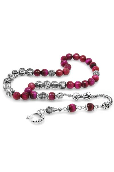Tesbihane Non-Tarnish Metal Tasseled Globe Cut Name Written Fuchsia Turtle Eye Natural Stone Rosary