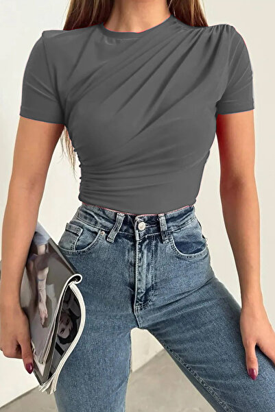 Cockatoo Women's Crew Neck and Waist Drawstring Sandy Fabric Short Sleeve Blouse