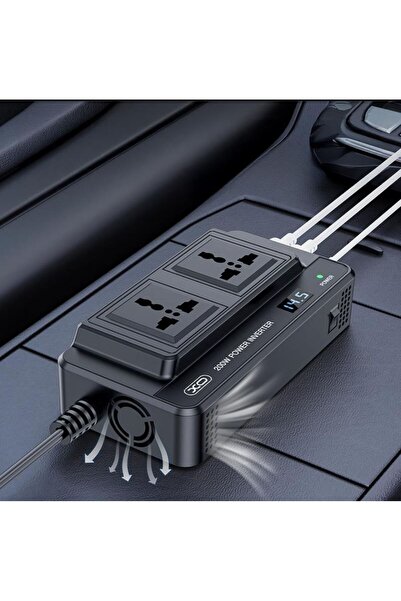REDz Accessories Car Voltage Inverter, Multiport, XO-CZ011, Power 200W, EU Plugs, Type-C and USB Ports, Black
