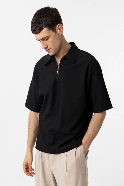 Antioch Black Relax Fit Zippered Polo Neck Men's T-Shirt
