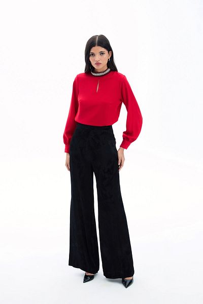 Sateen Blouse with Collar Accessories - Red