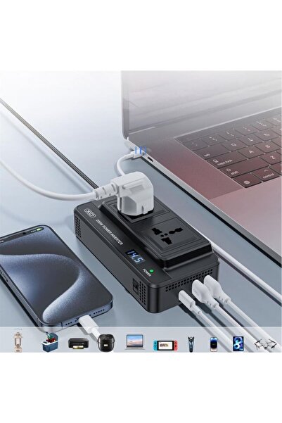 REDz Accessories Car Voltage Inverter, Multiport, XO-CZ011, Power 200W, EU Plugs, Type-C and USB Ports, Black