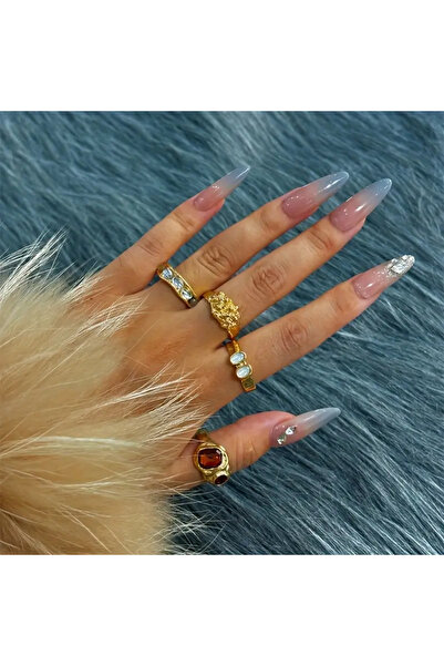 Takıtolia Olivien - 4 Pieces Colorful Stone Retro Design Multiple Gold Gold Vintage Gift Ring Set