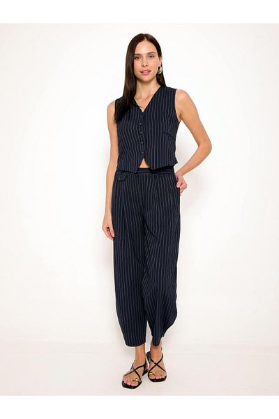Coral Striped Vest Loose Trousers Suit Navy Blue