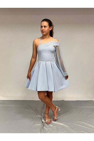 BUTİKHAPPYKİDS Rochie de seara pentru fetita, crepon scurta, albastru, guler, dungi, strasuri, maneca singura, detasabila, tul, rochie de seara Erkut 10-1