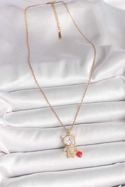 Skygo 316L Steel Gold Color Chain Zircon Stone Teddy Bear Model Red Heart Detail Women's Necklace - Tj-Bko9986