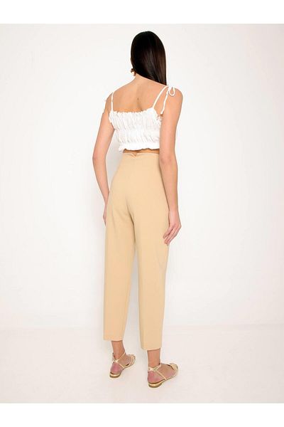 Coral Pleated Short Leg High Waist Trousers Beige