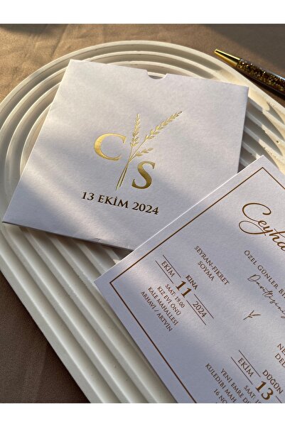 emindijital Beyaz Zarflı Yaldızlı Nikah, Nişan, Kına, Düğün Davetiyesi - 50 Adet