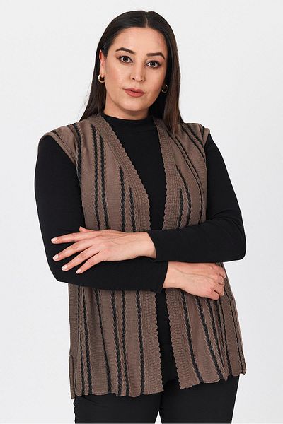 Uludağ Triko Women's Brown Glitter Striped V-Neck Seasonal Mother Summer Vest