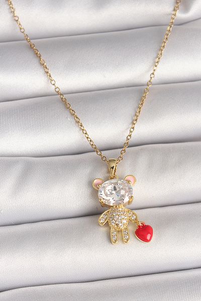 Skygo 316L Steel Gold Color Chain Zircon Stone Teddy Bear Model Red Heart Detail Women's Necklace - Tj-Bko9986
