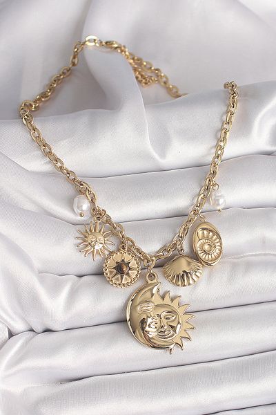 Skygo 316L Steel Gold Color Moon Sun Figure Sea Shell Detail Women's Necklace - Tj-Bko9913