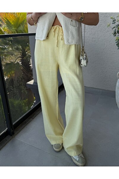 TOPSHOW Bol Paça Bel Lastikli Keten Pantolon