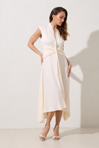 Setre Cream V-Neck Waist Detailed Midi Length Sleeveless Dress