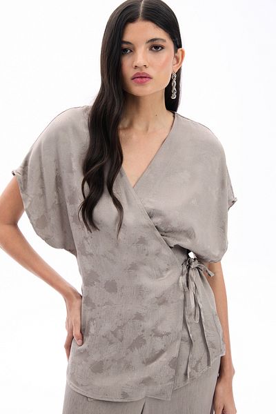 Sateen Tie-Up Jacquard Satin Blouse - Mink
