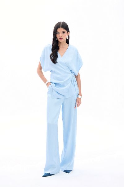Sateen Tie-Up Jacquard Satin Blouse - Baby Blue