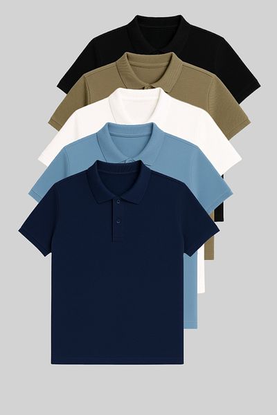 COMBİNE MİCHAİL Ανδρικό T-shirt 5-pack Polo Neck - Μαύρο-Χακί-Λευκό-Μπλε-Μπλε