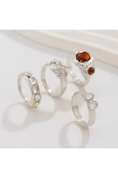 Takıtolia Olivien - 4 Pieces Colorful Stone Retro Design Multiple Gold Gold Vintage Gift Ring Set