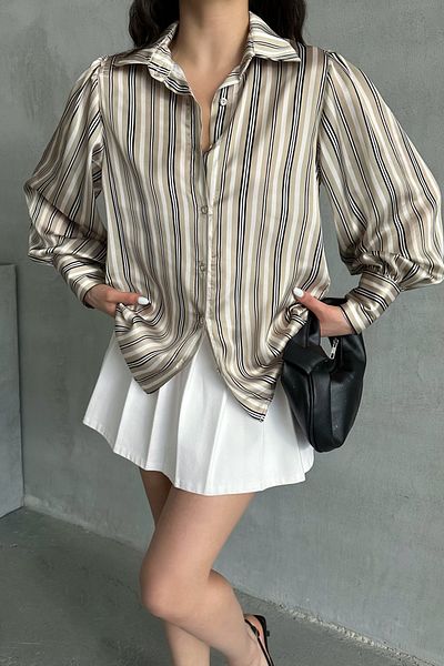 MD trend Women's Striped Balloon Sleeve Satin Shirt
