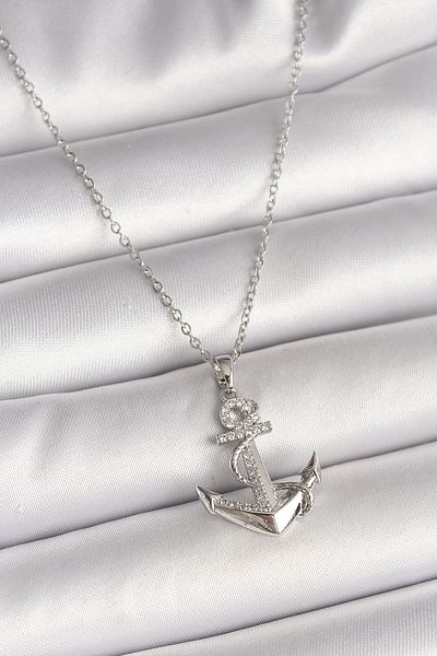 Skygo 316L Steel Silver Color Chain Zircon Stone Detailed Anchor Model Women's Necklace - Tj-Bko9951