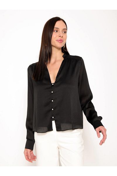 Coral Open Collar Satin Blouse Black