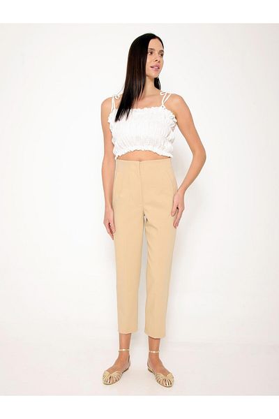 Coral Pleated Short Leg High Waist Trousers Beige