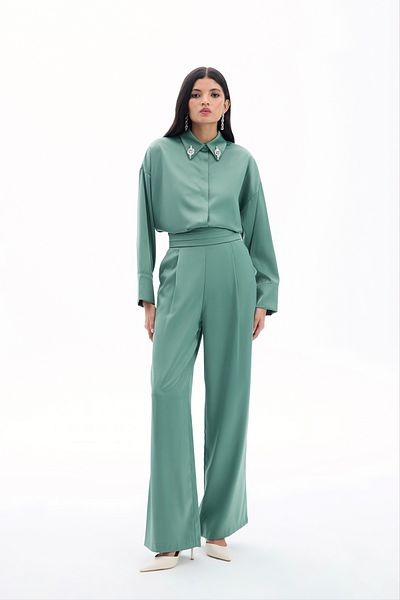 Sateen Loose Satin Trousers with Pockets - Khaki