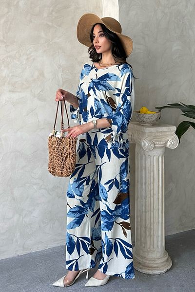 MD trend Women's Floral Patterned V-Neck Two-Piece Set