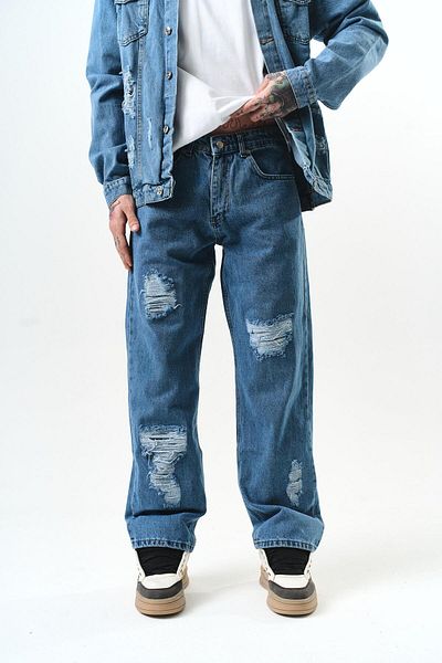 Respire Baggy Slit Detailed Jean Trousers Deep Blue
