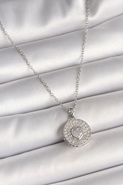 Skygo 316L Steel Silver Color Chain Zircon Stone Heart Embroidered Medallion Model Women's Necklace - Tj-Bko9947