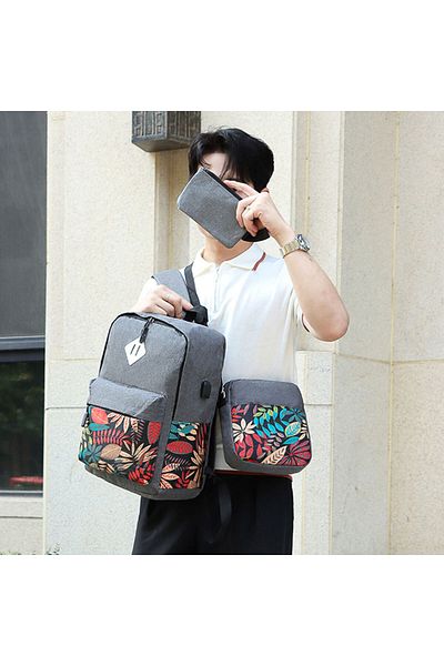 Muchmy 3 Pcs Floral Traveler Backpack Set Oxford Cloth Charging Usb Port Waterproof Laptop Bag