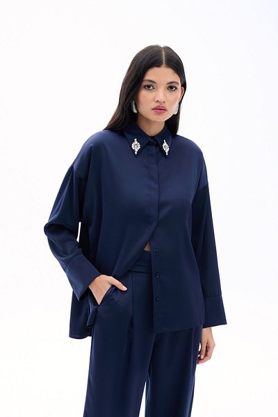 Sateen Accessory Detailed Shirt - Navy Blue